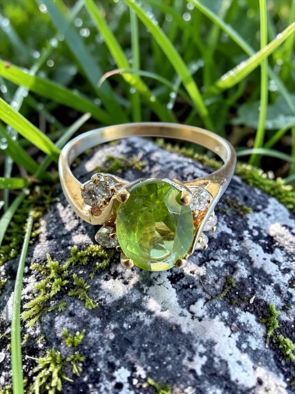 Vintage Birk's 14k Gold Peridot & Diamond Statement Ring Cluster Accent